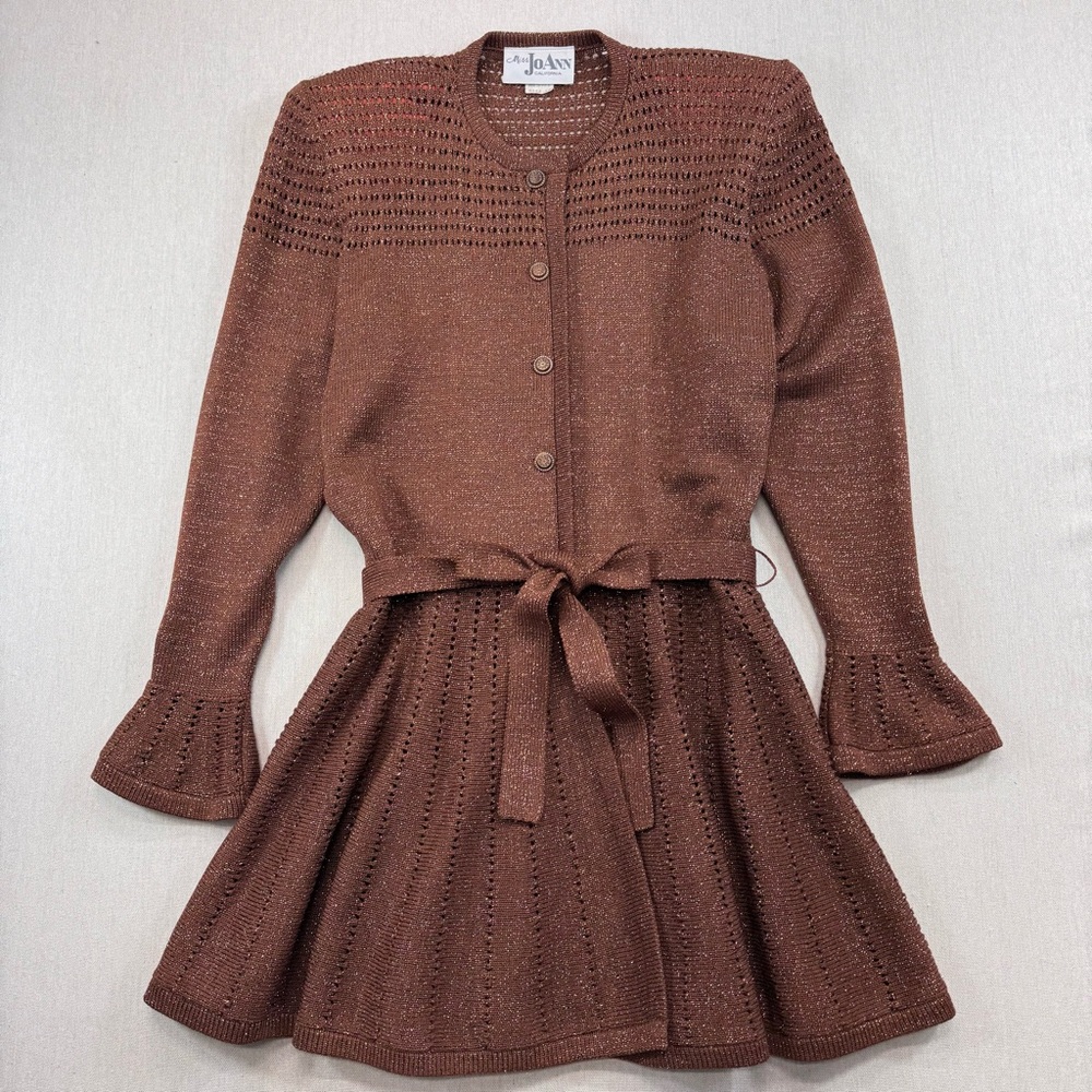 Vntg Miss JoAnn Wool Metallic Knit Dress Brown Belted Fit Flare Bell Sleeve 12